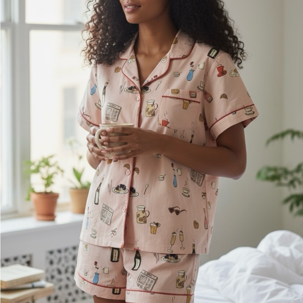 Bed Head Let's Do Brunch Short Sleeve Shorty Stretch Jersey Pajama Set Pink Med.